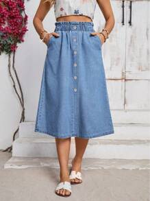 Breezaya Women Casual Washed Button Up Denim Skirt - Blue - View 1