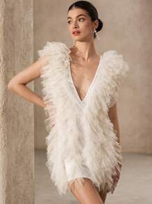 Aveloria Rosie 黑色甜美浪漫荷叶边V领无袖雪纺网眼迷你连衣裙优雅时尚夏季风格 - 米色 - 查看 4