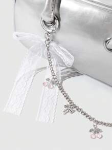 ROMWE Kawaii 1 件优雅简约百搭可爱蝴蝶结水晶樱桃蕾丝 DIY 钥匙扣和包包饰品，适合女孩和女士，是日常穿着和节日的绝佳礼物 - 白色 - 查看 5