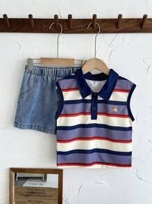 SHEIN Toddler Boys 2pcs Summer Set, Collared Sleeveless Striped Bear Embroidery Vest Top Paired With Denim Shorts, Crisp Fit For Outdoor, Casual, Party Occasions - Multicolor - View 3