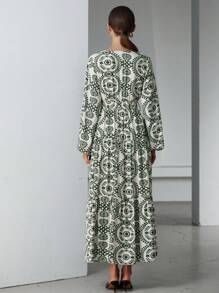 GENKIRA 女式 V 领腰带普罗旺斯风格波西米亚风图案长袖长裙，春季服装 - 綠色 - 查看 3