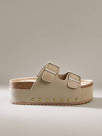 Solecia 女士鞋履春夏新款金属扣铆钉拖鞋圆头厚底露趾休闲百搭厚底凉鞋女士沙滩装圣诞节