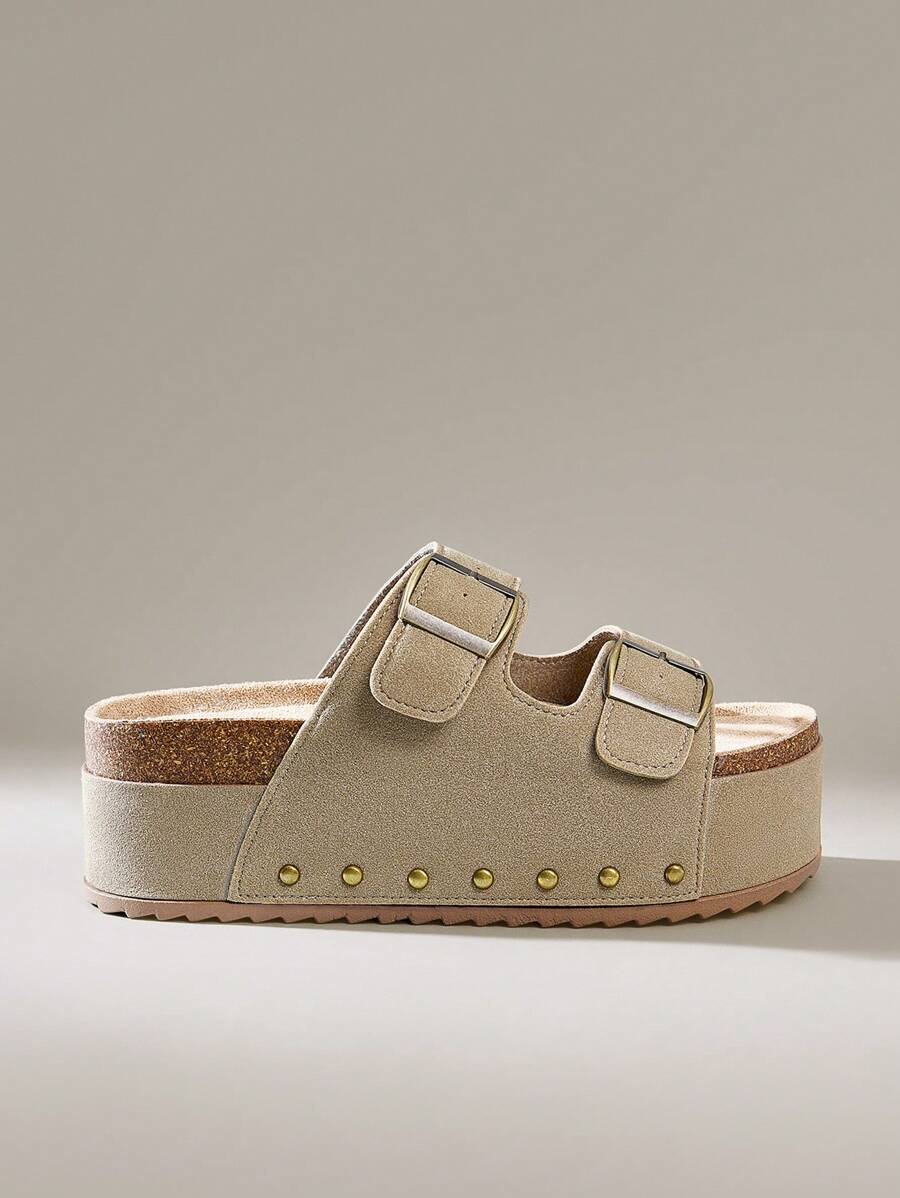 Solecia Women Shoes Spring And Summer New Metal Buckle Rivets Slippers Round Toe Thick-Soled Open-Toed Casual Versatile Thick-Soled Sandals Women's Beach Wear For Christmas - Brown - View 1