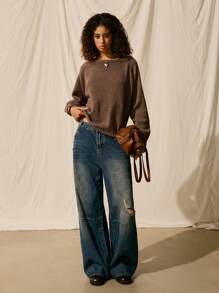 SHEIN EZwear Suéter casual de manga raglán color caqui sólido, suéter con hombros descubiertos para otoño/invierno - Caqui - Ver 5