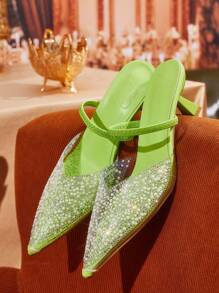 CUCCOO TILAWA Women's Spring/Summer Pointed Toe Flat Heel Sexy & Elegant Sequined Beaded Transparent PVC Back Open High Heels, Suitable For Graceful Ramadan Evening Party, Nightclub, Music Festival