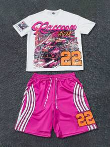 Manfinity Roghcode 2 件套男士字母图案圆领短袖休闲 T 恤和抽绳腰短裤套装，送给丈夫或男朋友的礼物，情侣装 2 件短套装两件短套装搭配短套装男士短裤套装图案 T 恤和短裤套装 - 彩色 - 查看 3