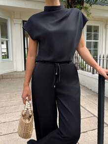 SHEIN PETITE Elegant, avslappnad, svart, vävd, rund halsringning, ärmlös damskjorta, svarta, vävda, vida benbyxor, 2-delat set för kvinnor - Svart - Visa 6