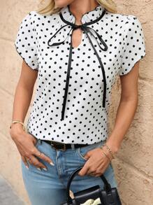 SHEIN Clasi Women's Polka Dot Print Ruffle Tie Detail Shirt - Black and White - View 1