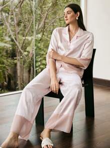 Moireta 法式优雅竹节蝴蝶印花翻领女士睡衣套装，秋冬服装 - 淺粉色 - 查看 5