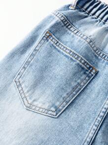 青少年男童复古美式做旧猫须牛仔裤，宽松休闲工装裤，蓝色，适合学校、校园、大学暑假穿着 - 中等水洗藍 - 查看 5