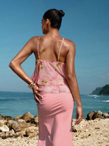 Opulessa Knit Mesh Printed Ruffle Strap Women's Blouse - Pink - View 2