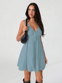 Roylia 女式无袖系带蝴蝶结多层蛋糕连衣裙 - 藍色 - 查看 3