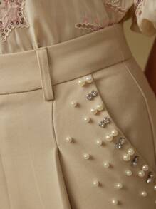 MOTF PREMIUM FAUX PEARL AND RHINESTONE DETAIL SLANT POCKET WIDE LEG SUIT PANTS - Khaki - View 1