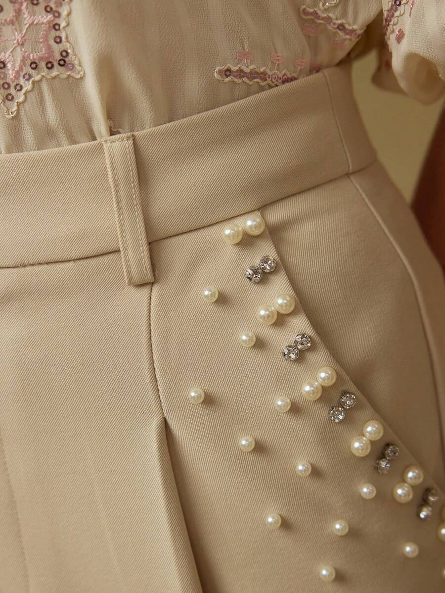 MOTF PREMIUM FAUX PEARL AND RHINESTONE DETAIL SLANT POCKET WIDE LEG SUIT PANTS - Khaki - View 1