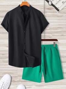 Manfinity Homme 男士夏季纯色短袖单排扣休闲衬衫短裤套装