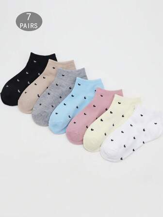 7 Pairs Women's Short Socks, Heart Pattern Casual Socks, College Style Versatile Sports Socks, Spring/Autumn