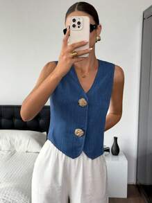 Siren Gaze 女式无袖纯色大纽扣装饰衬衫 - 藍色 - 查看 3