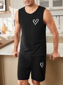 CoupledUp Ensemble de pyjama décontracté pour hommes avec veste sans manches à imprimé cœur