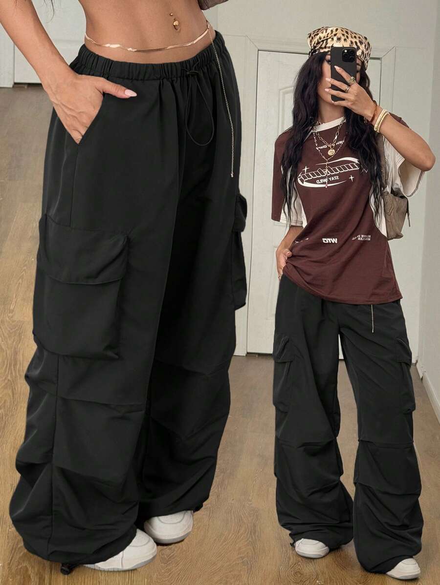 Coolane 女士夏季街头复古西部风 Y2K 低腰降落伞工装裤 - 黑色 - 查看 1