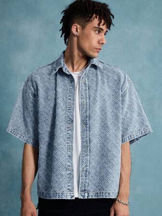 Street Life Herren Sommer Karomuster Kurzarm Einreihiges Lässig Denim-Hemd