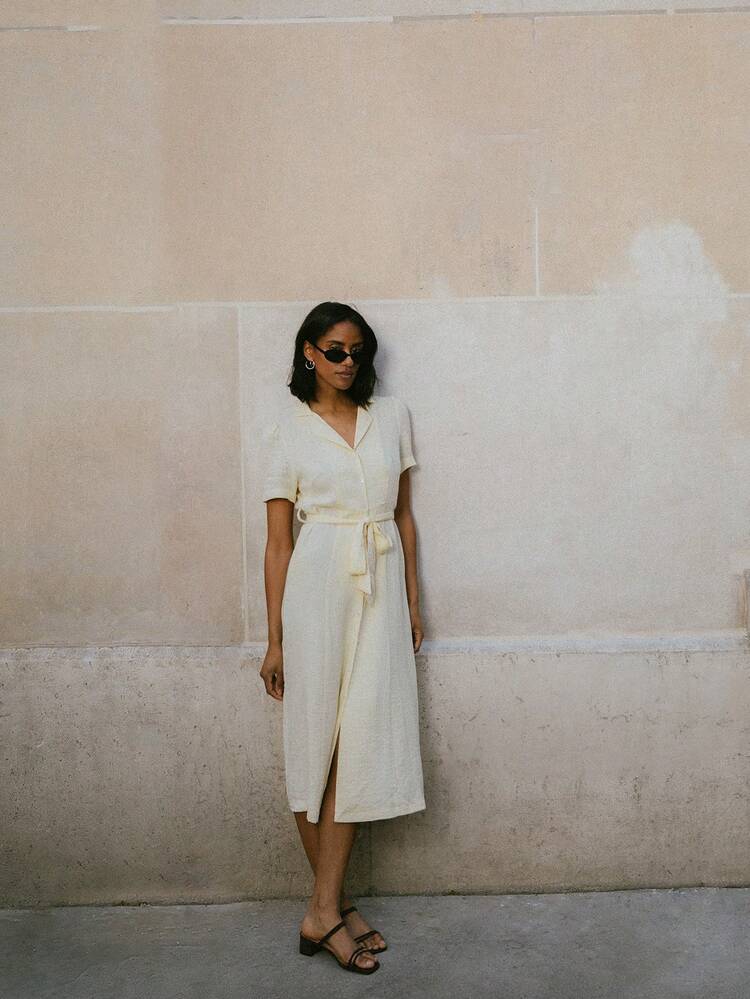 Butter Yellow Vintage Button Front Tie Waist Midi Dress Office Outfits For Women Teacher Dress Office Dress Spring Dress