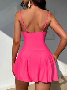 SHEIN Swim 1 bộ đồ bơi liền thân màu đỏ mận bóng cho nữ, thiết kế cổ yếm có thể điều chỉnh, phù hợp đi biển, hồ bơi, giải trí và tiệc tùng, mùa xuân/hè - Màu đỏ tím - Xem 2