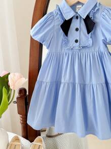 SHEIN Vestido de Manga Curta com Laço Fofinho e Babado para Bebê Menina, Estilo Escola de Verão