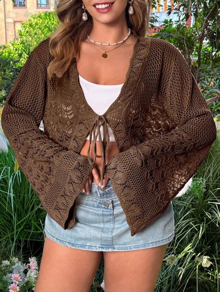 Flirla Plus Size Solid Color Fashionable Tie Bow Shell Trim Cropped Cardigan With Flared Sleeves Fall Winter Cloth For Women - Coffee Brown - View 1