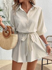 SHEIN VCAY 女士条纹连体裤，适合夏季的时尚连体衣 - 卡其色 - 查看 3