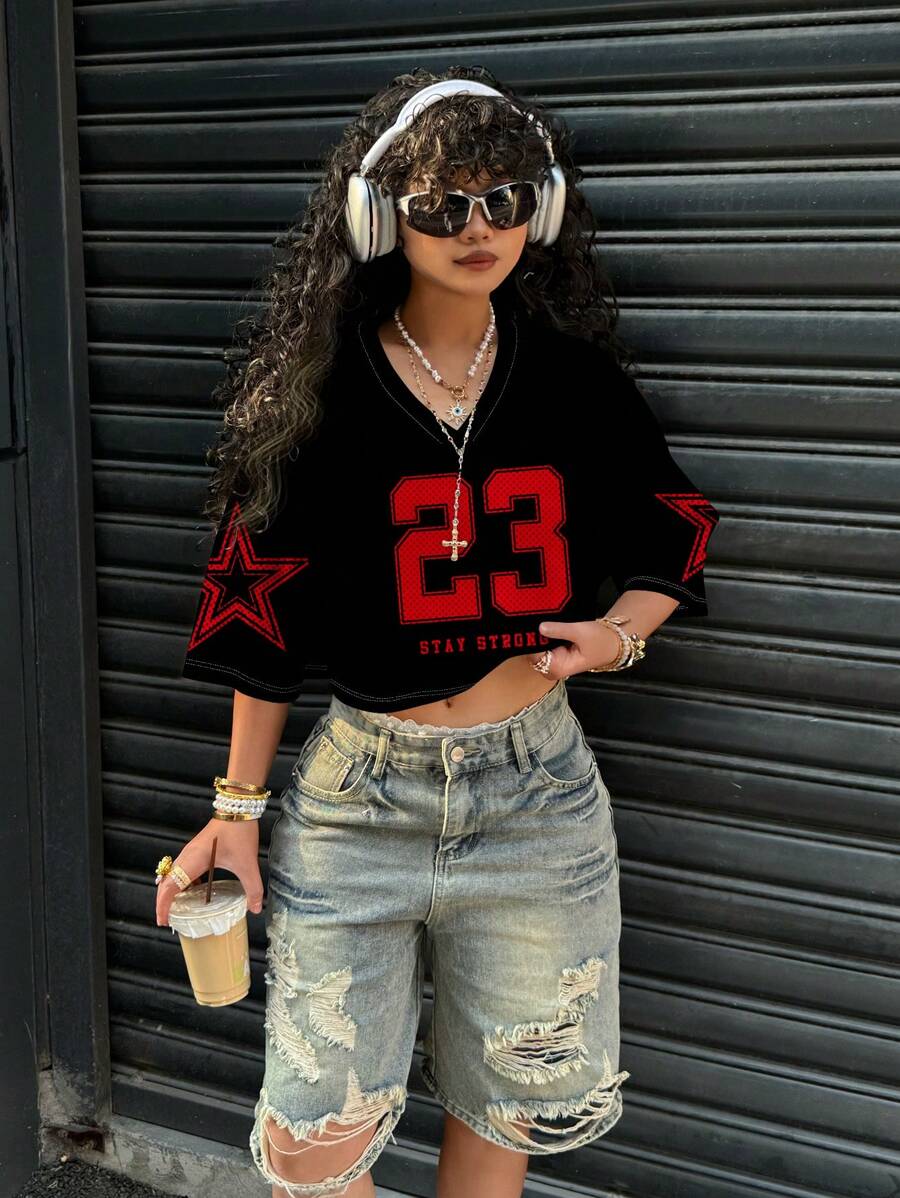 SHEIN EZwear Women's Casual V-Neck Loose Cropped 1/2 Sleeve Mesh T-Shirt, Suitable For Summer And Sports, With Number 23 And Pentagram Pattern Back To School Chic - Red and Black - View 1