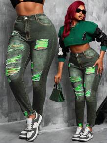 SHEIN SXY Plus Size High Elasticity Waist Mesh Insert Distressed Skinny Leggings - Light Grey - View 1