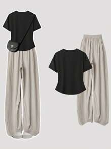Flirla Women Plus Size Casual 2 Pieces Outfit, Black Short Sleeve T-Shirt With Ribbed Cuffs And Khaki Wide Leg Elastic Waist Pants, Colorblock, Spring/Summer