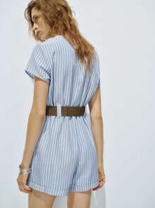 Lumivelle Women Casual V-Neck Shirred Waist Striped Romper - Blue - View 2