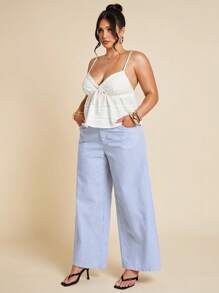 SHEIN BAE Quần âu sọc xanh trắng thường ngày mùa xuân và mùa hè cỡ lớn dành cho nữ, Quần dài đi biển, Quần công sở, Phụ nữ ngày 4 tháng 7, Ngày 4 tháng 7, Đường cong ngày 4 tháng 7, Kỳ nghỉ, Kỳ nghỉ, Câu lạc bộ gợi cảm, Sinh nhật, Sân bay dành cho phụ nữ, Tốt nghiệp - Xanh và trắng - Xem 5