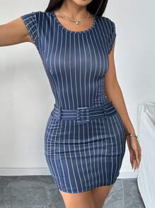 SHEIN LUNE 女式夏季休闲条纹印花扣带紧身迷你连衣裙 - 藍色 - 查看 1