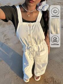 SHEIN EZwear 女式白色休闲纯色前扣口袋无袖连体裤 - 白色 - 查看 4