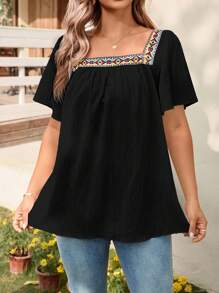 SHEIN LUNE Plus Size Women Square Neck Embroidery Tape Flowy Sleeve Retro Print Trim Blouse Top Cowgirl Summers For Women Graduation Spring Women Summer Clothes Graduation Easter Women Spring Summer Clothes Vacation Bohemia Easter Women Square Neck Tops Boho Tops For Women Boho Tops Peasant Tops Peasant Blouse