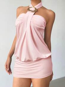 Aloruh Áo crop top bodycon hở lưng đính nút kim loại thời trang Y2K gợi cảm cho nữ - Hồng - Xem 3