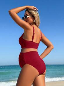SHEIN Conjunto de bikini de maternidad con diseño de cruce, para playa y vacaciones de verano - Burdeos - Ver 2