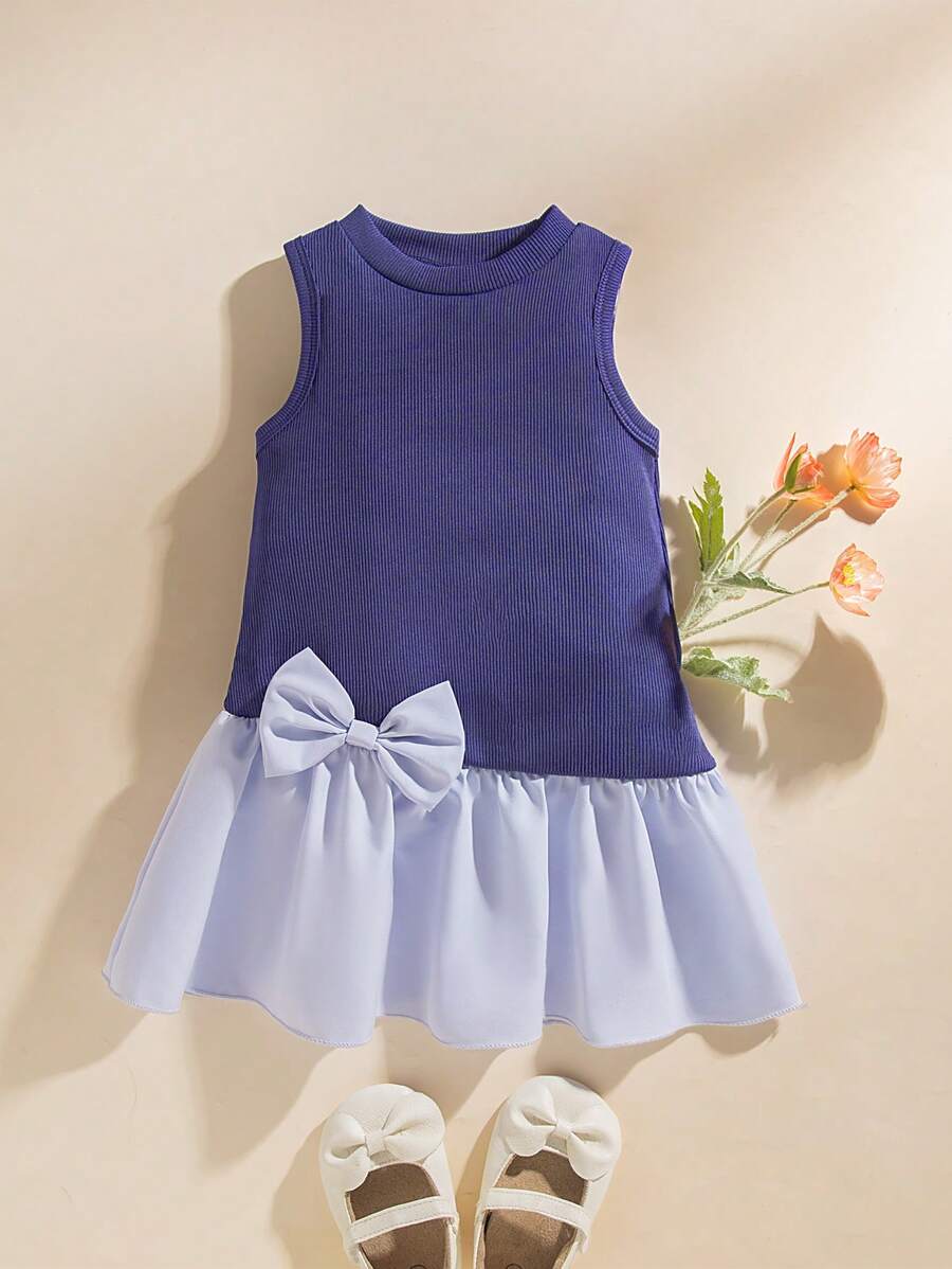 Souflis Souflis Vestido de verano azul marino para niñas bebé, lindo, de cumpleaños, cuello alto, sin mangas, patchwork asimétrico, elegante, dulce, de moda, cómodo, para uso diario - Multicolor - Ver 1
