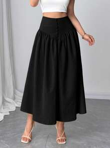 Firerie 女士休闲百搭纯色高腰半身裙 - 黑色 - 查看 5