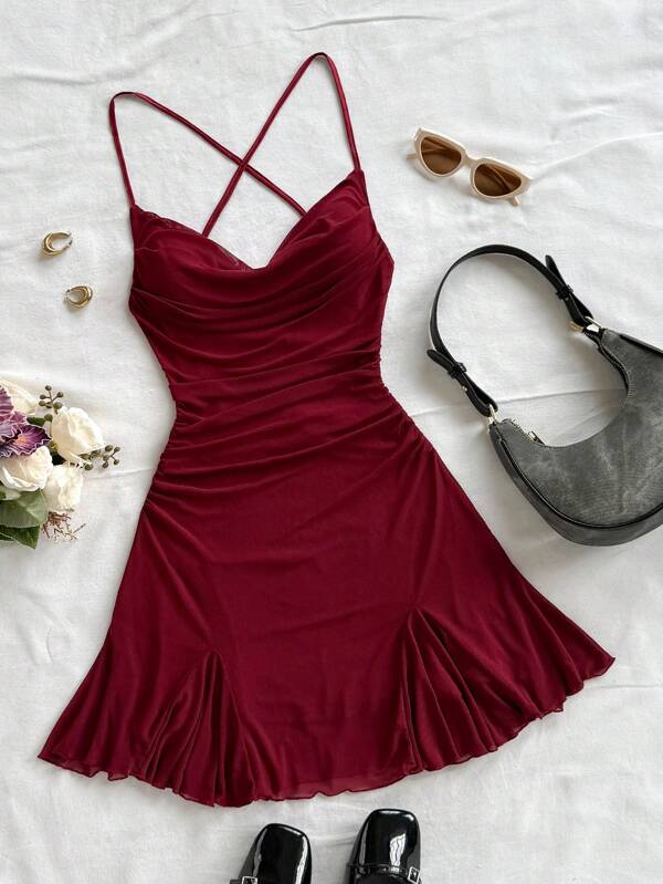 Soleia Abito corto da donna per le vacanze, con spalline a spaghetti, collo drappeggiato, schiena scoperta, fiocco, design a coda di pesce, elegante, abito corto da donna, lunghezza tè, per passeggiare, romantico, per appuntamenti, outfit da spiaggia, in rete, adatto a giovani e adolescenti