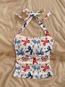 SHEIN SXY Summer Flag Style Halter Neck Bowknot Women Tank Top
