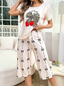 SHEIN 豹纹苹果蝴蝶结装饰短袖和短裤睡衣套装女士睡衣套装夏季女士睡衣套装女士睡衣套装夏季家居服女士睡衣 - 彩色 - 查看 6