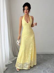 Rafferiza Elegant Bodycon Mock Neck Sleeveless Deep V Lining Full Lace Fabric Light Yellow Dress For Women, Spring/Summer - Light Yellow - View 4