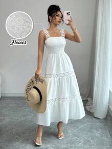 Elenzga Elegant Solid Color Lace Patchwork A-Line Long Dress, Summer - White - View 6