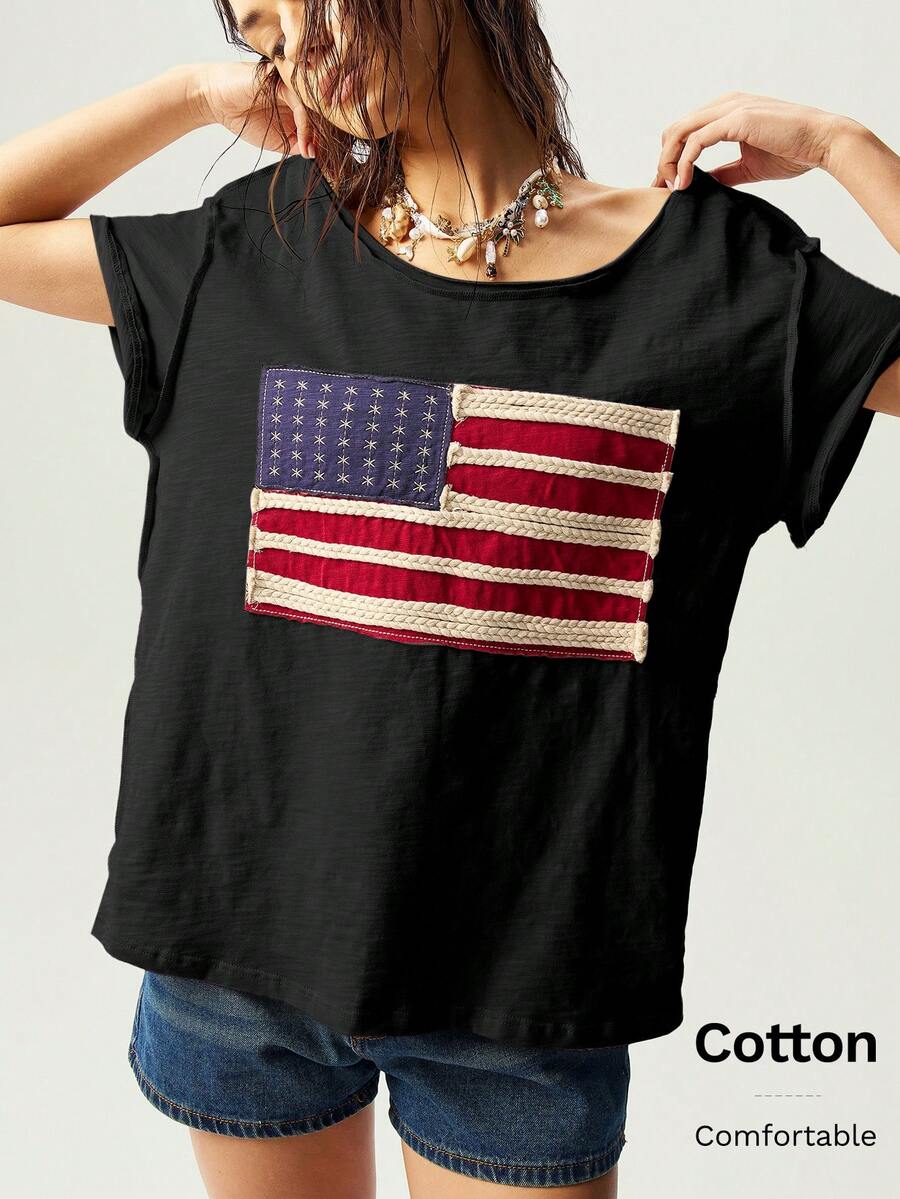 Bohemela Áo cánh thường ngày cổ tròn tay ngắn dệt kim màu trơn cỡ lớn cho nữ - màu đen - Xem 1