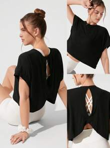GLOWMODE Modal Oversized Short Sleeve Tee With Keyhole Back Low Impact Yoga Pilates Daily Casual - Black - View 8