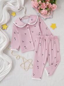 2pcs/Set Baby Girl Cute Star Print Ruffle Collar Top And Pants Pajama Set Baby Girl Clothes Set - Dusty Pink - View 3