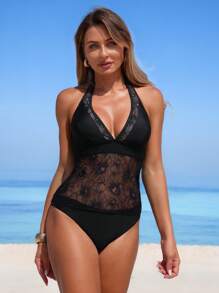 Swim Lushoire 2pcs Solid Color Lace Patchwork Women Tank Top And Bikini Set For Summer Beach Vacation - Black - View 3